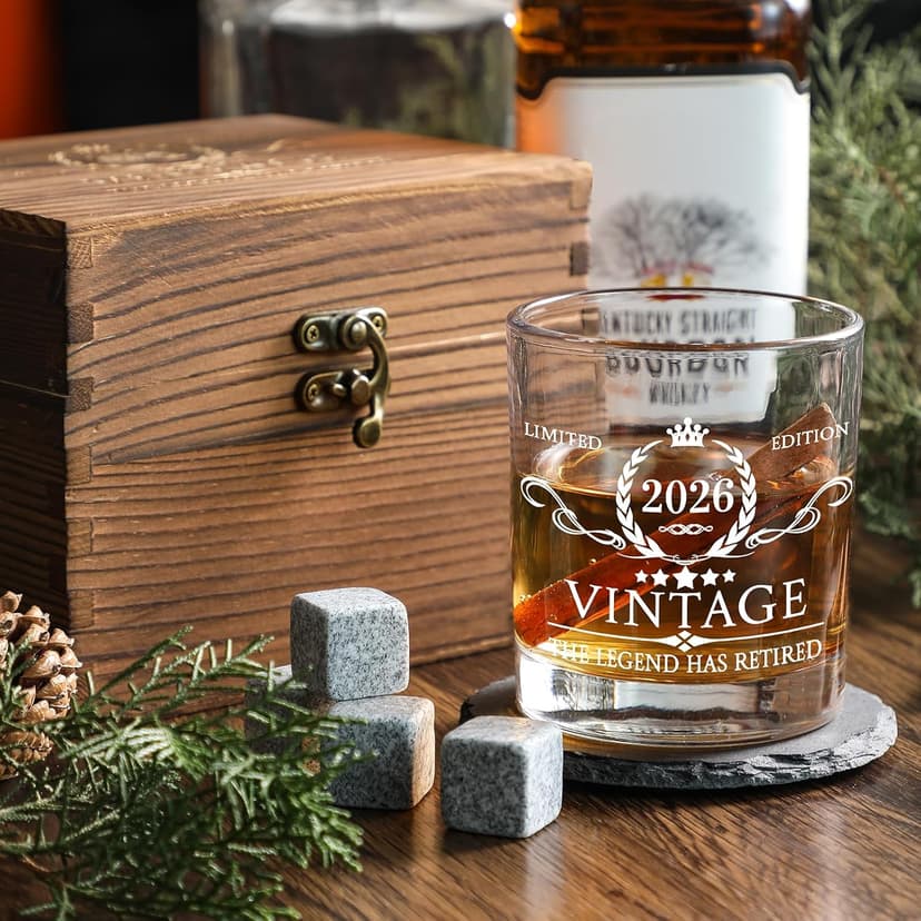 Retirement Gifts for Men Whiskey Glass Set - The Legend Has Retired 2025 - Retirement Party Decorations, Supplies - Gifts Ideas for Him, Dad, Husband, Friends - Wood Box & Whiskey Stones & Coaster