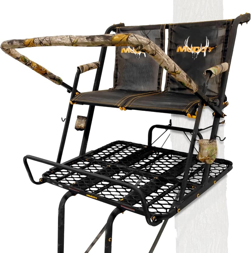 Muddy 2-Person Ladder Tree Stand for Deer Hunting, The Partner, 17' Tall, Black - Adjustable Climbing Treestand with Platform, Straps and Safety Harness for Shooting
