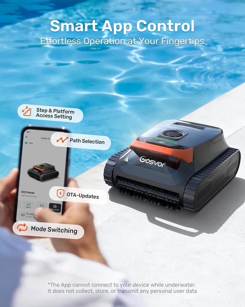 Gosvor LiteVac G1 Pool Vacuum, Wall & Waterline Cleaning, Double Filtration, 150-Min Battery Life for Smart Mode, 200-Min Battery Life for ECO Mode, Smart Navigation, with APP, Orange