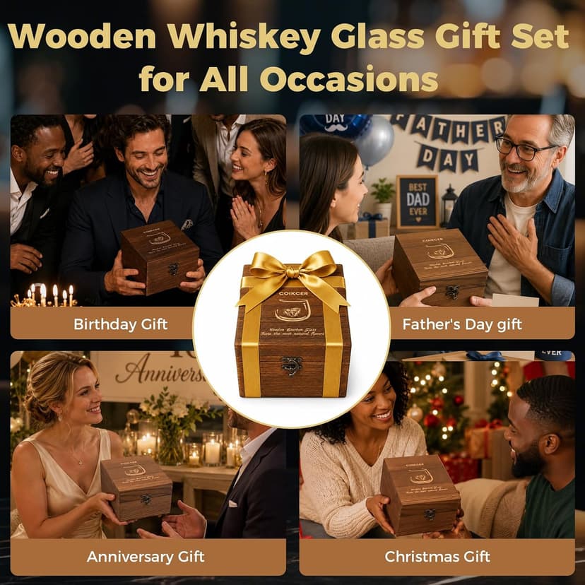 Shatterproof Jujube Wood Whiskey Cup, Naturally Insulated, Enhances Flavor, Ideal Bourbon Gift for Men in a Wooden Box Charred Wooden Bourbon Drinking Glass, Handmade Whistey Glass Set B0H12T634T