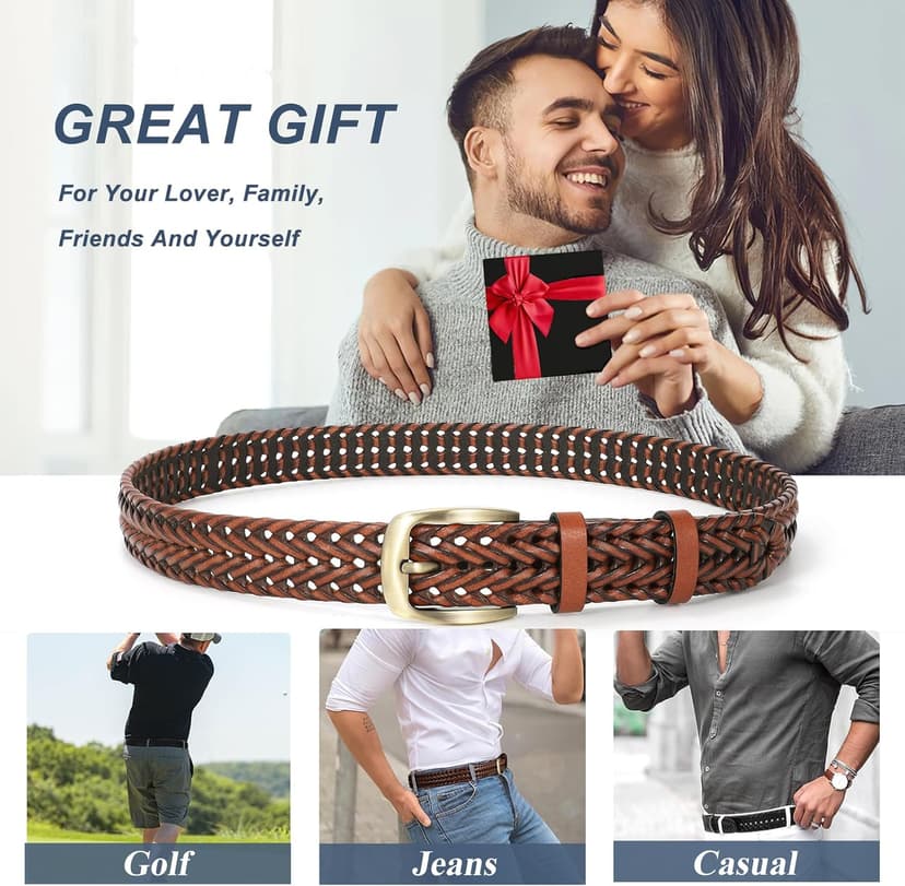 BELTROAD Braided Leather Belt for Men Casual Jeans Golf, Men's Leather Woven Alloy Buckle Hand Braided Belts Gift for Men