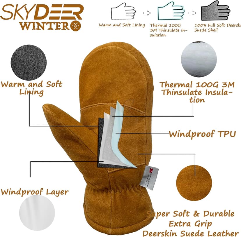 SKYDEER Premium Full Deerskin Suede Leather Soft Winter Mittens, Extra Warm 100G 3M Thinsulate, Thermal Insulated (SD3671M)