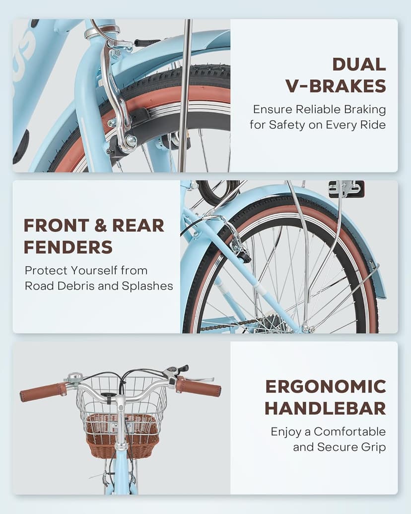 VIRIBUS Womens Cruiser Bike, 7 Speed Beach Cruiser Bike for Women, 26 inch Women Bicycle with Rattan Basket, City Commuter Vintage Retro Step Through Bicycle for Female Ladies Seniors, 330 Lb.