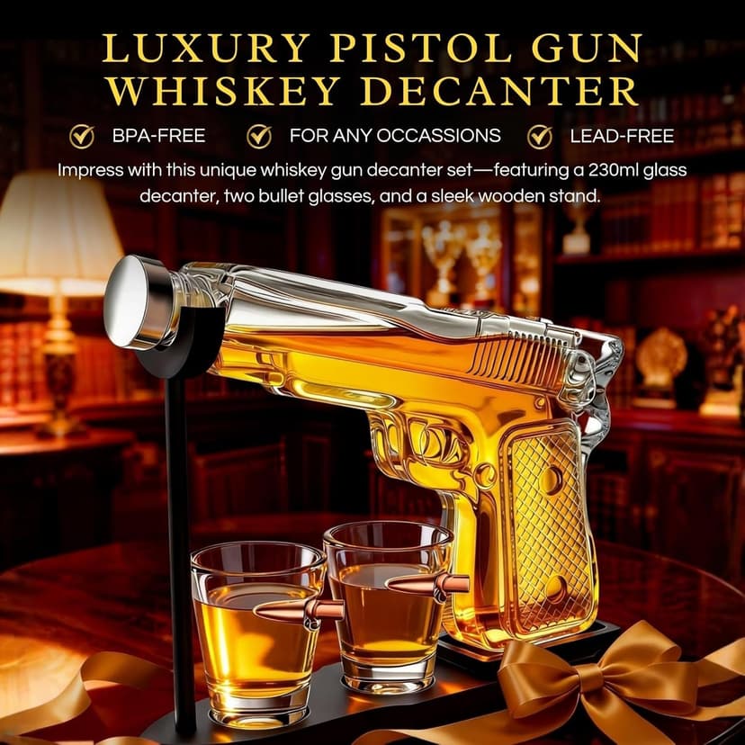 Gifts for Men Dad, 10.1 Oz Whiskey Gun Decanter Set + 2 Bullet Glasses - Unique Birthday Pistol Gift Ideas Daughter Son, Personalized Liquor Dispenser - Scotch Bourbon Vodka, Him, Brother Husband