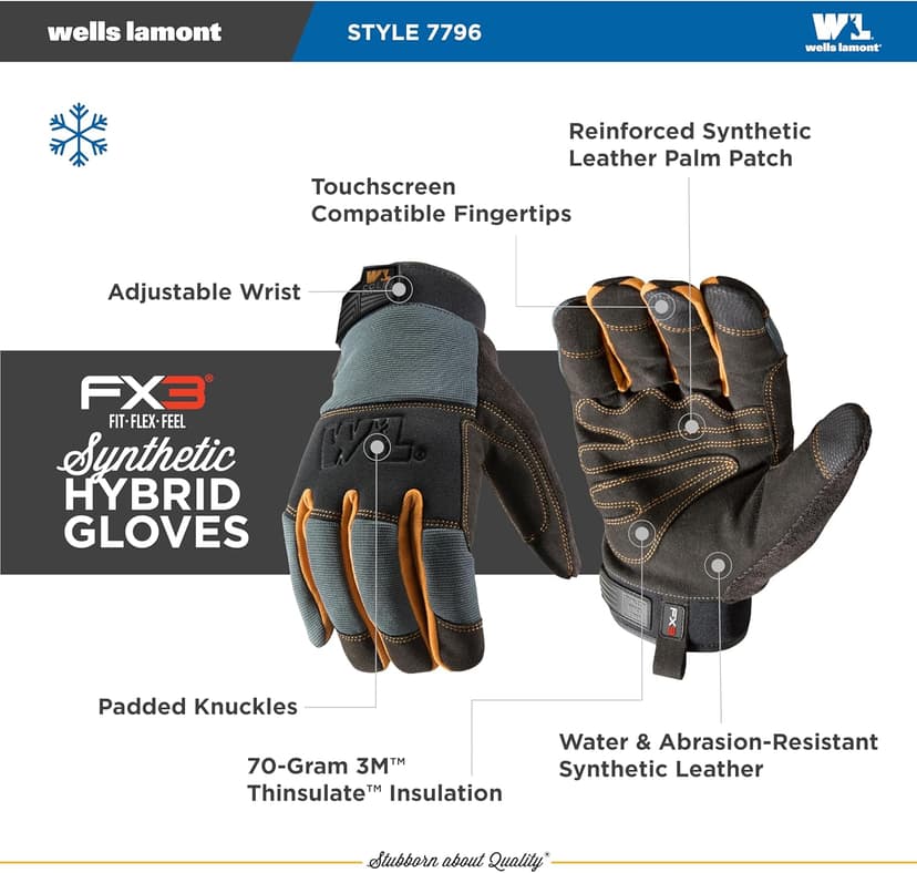 Wells Lamont FX3 Men's Extreme Dexterity Extra Wear Winter Work Gloves, Gray Large 7796