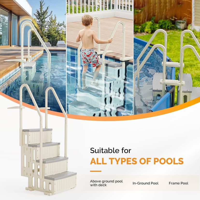 VINGLI Pool Ladder Heavy-Duty Safety Step for Above Ground Pools Stair Entry System with Handrails, Beige and Grey (Beige &Gray, 4 Steps)