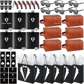 60Pcs Groomsmen Gifts Set of 6, Groomsmen Proposal Box with Flasks Sunglasses PU Leather Toiletry Bag Bottle Opener for Wedding Groomsman Best Man Gift