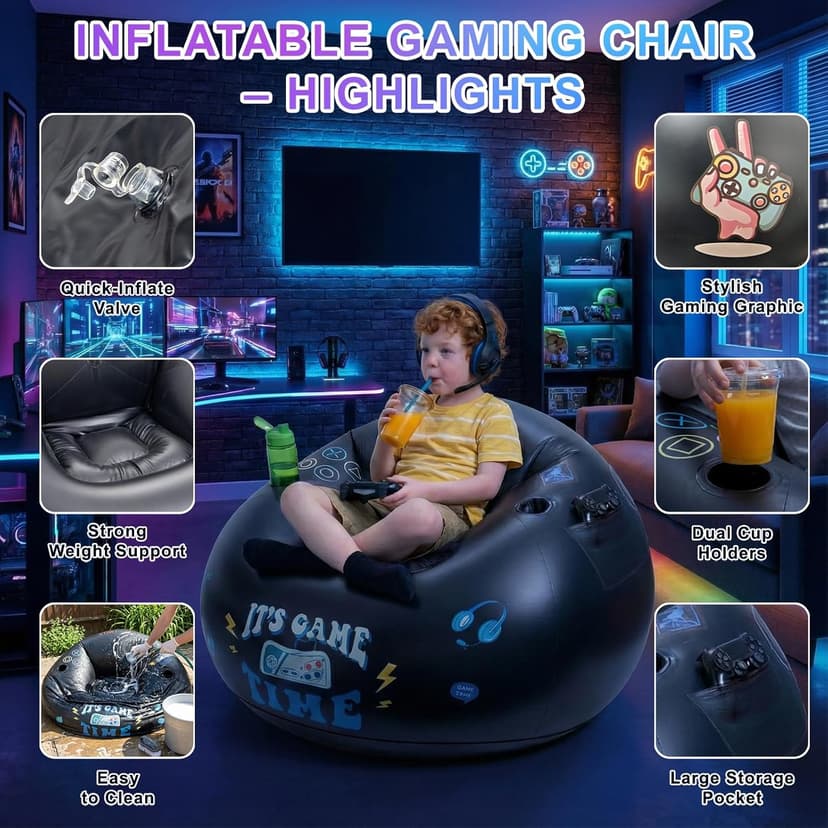 Inflatable Gaming Chair for Kids and Teens with Cup Holders and Side Pocket, Blow Up Bean Bag Gaming Chair for Boys, Comfortable Inflatable Lounge Seat for Gamer Room Decor and Boys Room Furniture