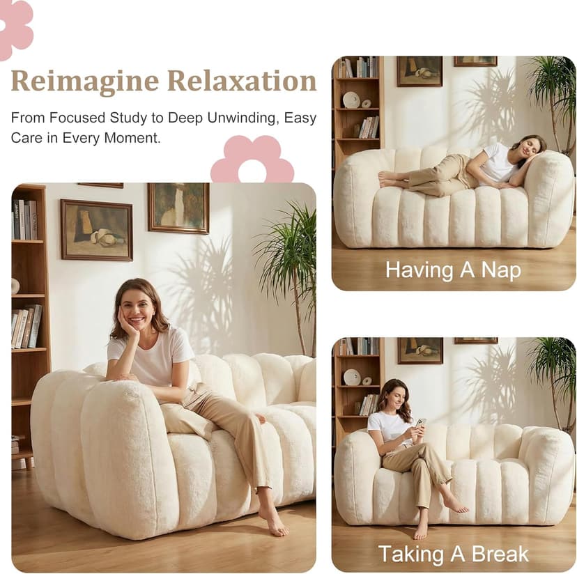 Oversized Bean Bag Sofa for Adults, Comfy Faux Fur Floor Lounger Loveseat Couch with Shredded Foam Filling, Large Bean Bag Sofa Plush Bean Bag Couch for Living Room, Bedroom, Apartment, Beige