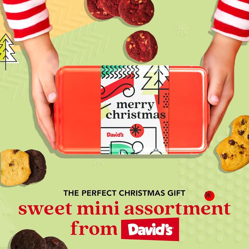 David's Cookies Merry Christmas Mini Cookies in Sweet Sampler Tin - Assorted Mini Christmas Cookies with Chocolate & White Chocolate Chip and Red Velvet - Gourmet Cookie Gift Basket for Holidays 14oz