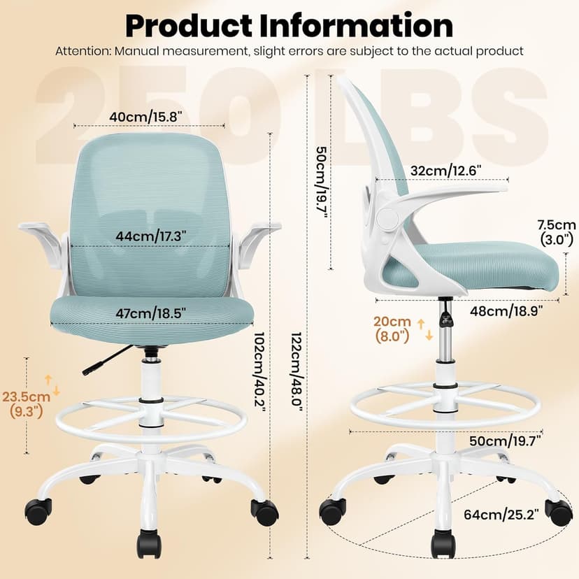 Primy Drafting Chair Tall Office Chair with Flip-up Armrests Executive Ergonomic Computer Standing Desk Chair with Lumbar Support and Adjustable Footrest Ring（Light Blue）