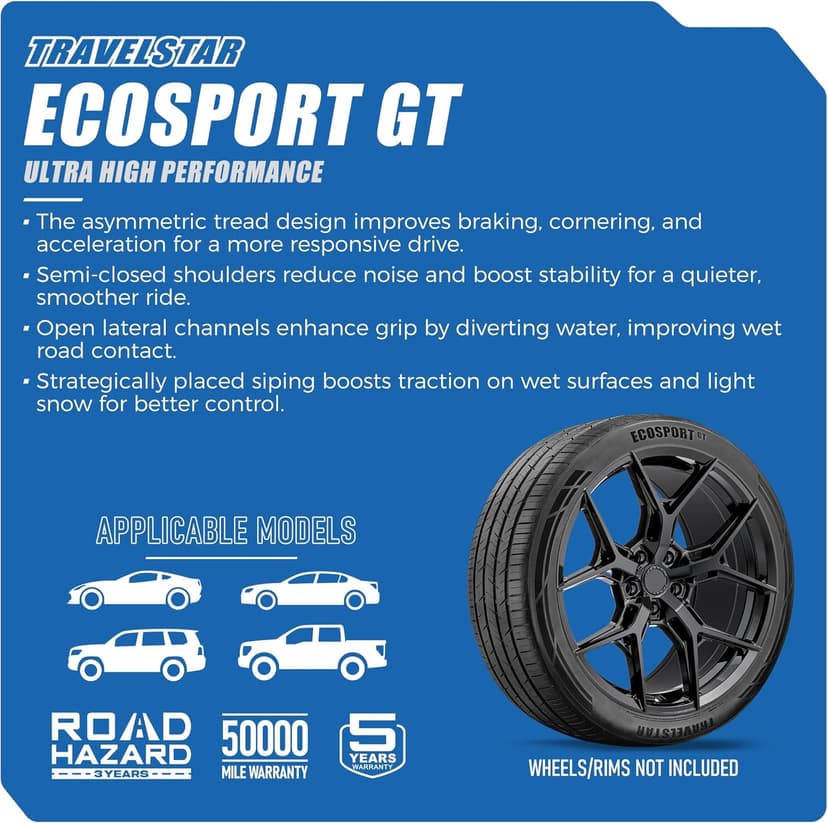Set of 2 (Two) Travelstar Ecosport GT Ultra High-Performance 245/50R20 All Season Passenger Tire Set 245/50/20 245/50R20 102V Dual Tread Design for Sports Cars & Luxury Sedans[TIRE ONLY]