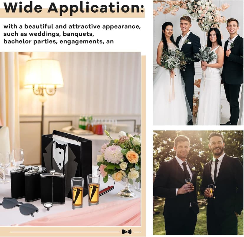 Tioncy 48 Pcs Groomsmen Proposal Gift 8 Engraved Pocket Knife 8 Groomsmen Gift Bags 8 Shot Glasses with Tuxedos 8 Stainless Steel Hip Flask 8 Poker Card Bottle Opener 8 Sunglasses
