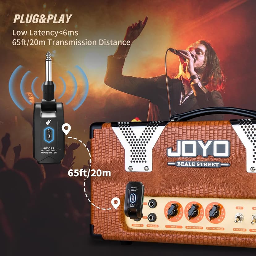 JOYO 5.8GHz Wireless Guitar System Wireless Guitar Transmitter Receiver Rechargeable Audio with 4 Signal Channels for Electric Guitar Bass 20M (JW-02S)