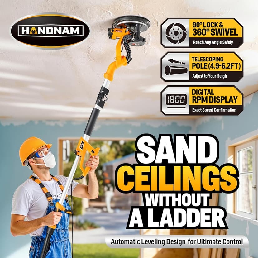 Electric Drywall Sander, 950W Drywall Power Sander with Vacuum Dust Collector, Variable Speed 800-2100RPM, LED Light, Dustless Wall Sander for Drywall, Popcorn Ceiling, Corner etc