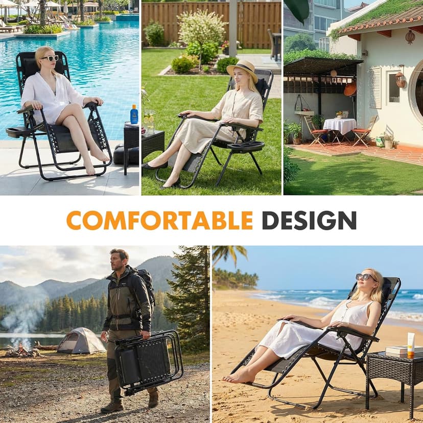 NEWBULIG Zero Gravity Chair Set of 2, Lounge Chair Folding Portable Adjustable Camping Reclining Chairs with Adjustable Pollow, Mesh Back, Cup Holder Trays Lawn Patio Chair for Pool Beach