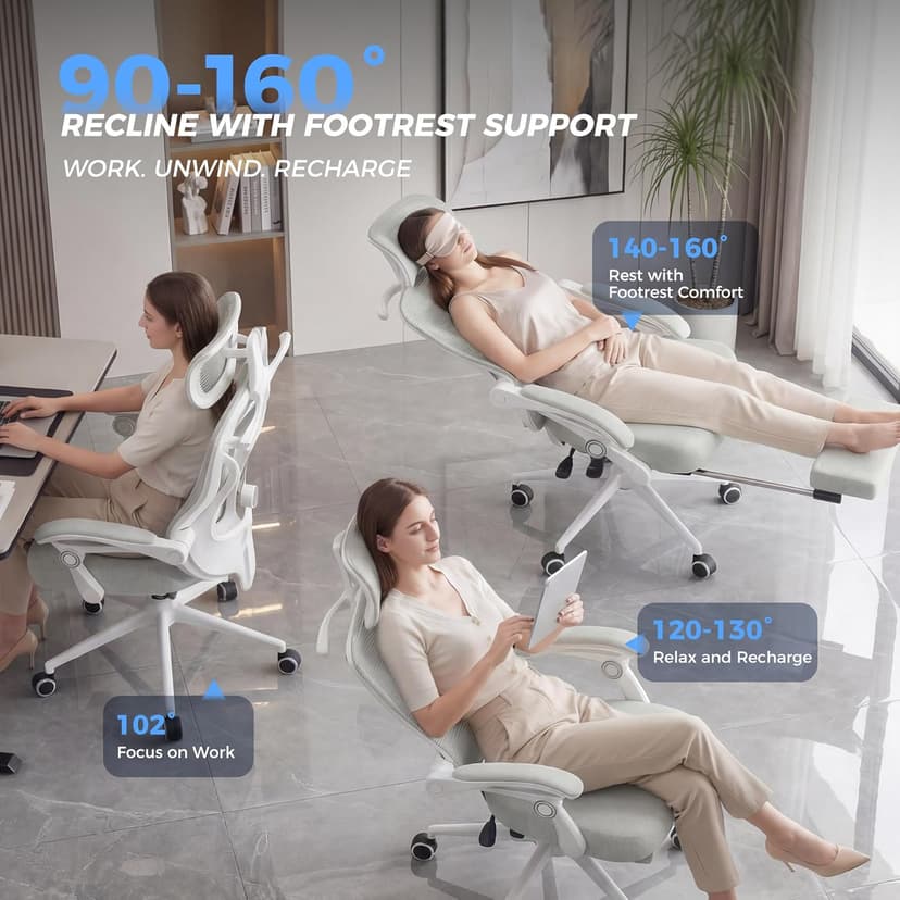 Ergonomic Office Chair with Footrest - Adjustable Lumbar Support & Headrest, 90-160° Reclining Mesh Back Computer Chair - Home Office/Gaming, 350lbs Capacity
