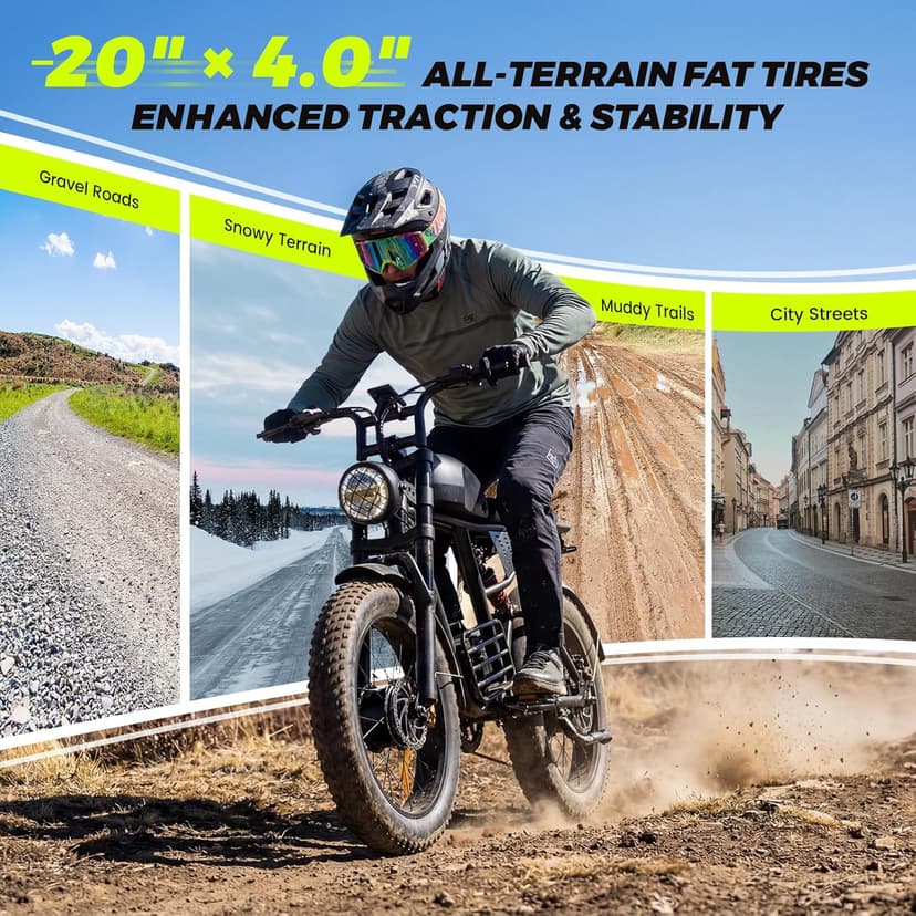 Electric Bike for Adults, 1000W/1500W/3000W Dirt Bike, 30/34/37MPH, 48V 15 Ah/18.9Ah/25Ah e Bike, 40/47/100 Miles Electric Motorcycle, 20" Fat Tire Off-Road Bike, All Terrain Electric Bike