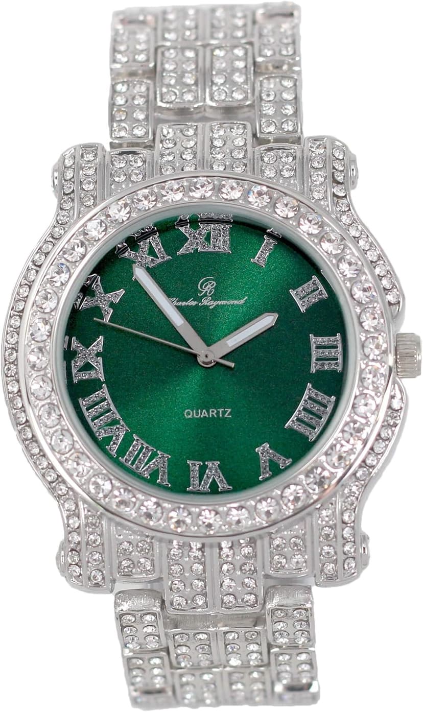 Charles Raymond Bling-ed Out Silver Round Luxury Mens Watch w/Bling-ed Out Bracelet - L0504B