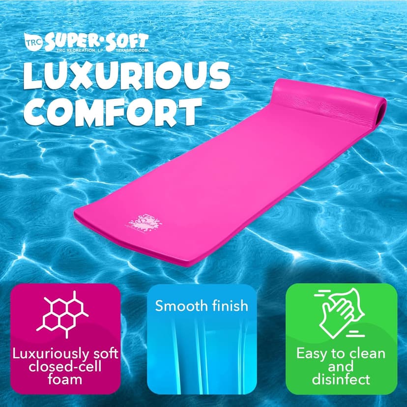 TRC Recreation Splash 1.25 Inch Thick Foam Swimming Pool Float Mat Large Adult Lounger with Built-in Roll Pillow, 1 Bahama Blue & 1 Flamingo Pink
