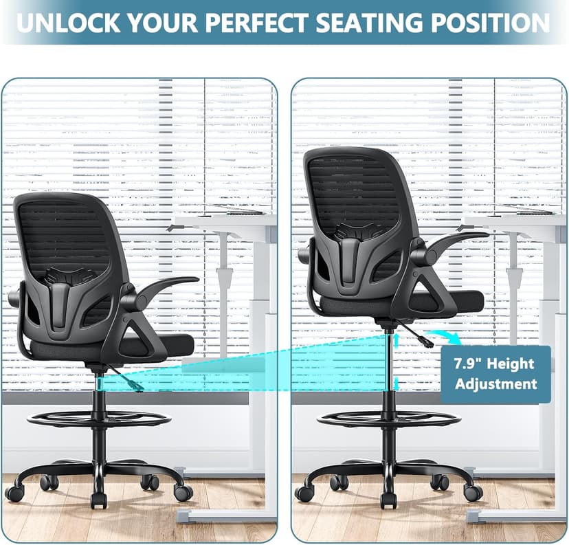 Kensaker Drafting Chair Tall Office Chair, Ergonomic Standing Desk Chair with Adjustable Foot Ring and Flip-up Armrests, Mesh Computer Chair for Art Studio, 300 LBS, Black