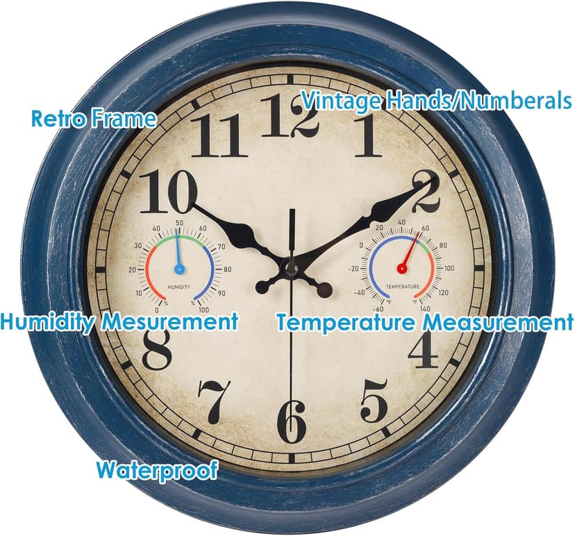 12 Inch Outdoor Clock with Thermometer and Hygrometer Combo, Waterproof Indoor Outdoor Wall Clocks for Patio, Pool, Garden, Bathroom Decor- Blue