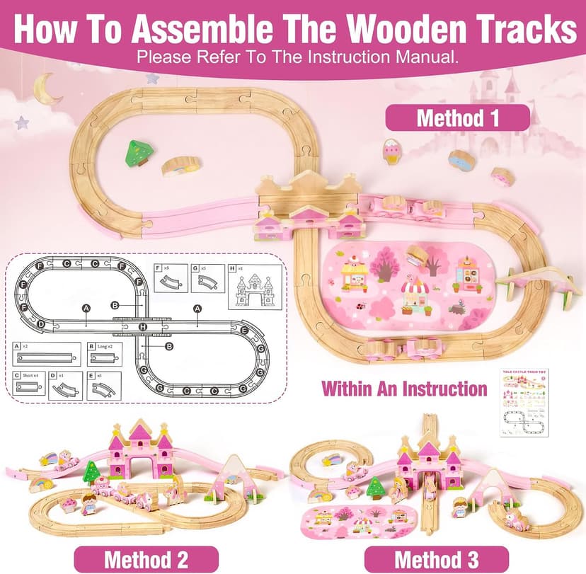 Princess Castle & Magnetic Trains, Compatible with Most Wooden Train Tracks, Birthday Gift for Girls 3 4 5 Year Old Atoylink Wooden Train Set for Toddler Girls, 40Pcs Pink Unicorn Train Toys B0H6HGYDWR
