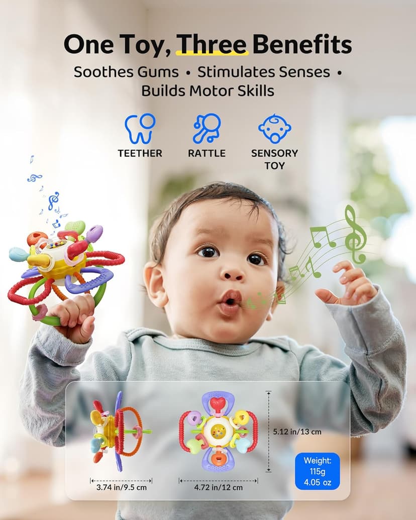 Baby Montessori Sensory Teething Toy - Safe, Multi-Functional BPA-Free Silicone Teether for Babies 0-12 Months - Teething Relief & Fun Play with Rattle - Perfect Baby Toys for Boys & Girls