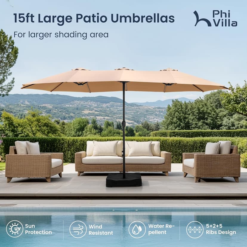 PHI VILLA 15ft Large Patio Umbrellas with Base Included, Outdoor Double-Sided Rectangle Big Market Umbrella with Stand, Outside Umbrellas for Poolside Lawn Backyard, Beige