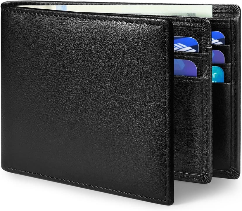 MARZAHAR Genuine Leather Mens Wallet, RFID Blocking Bifold Wallet for Men with ID Window, 11 Credit Card Slots (Black)
