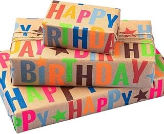 17 inch X 33 feet, Gridlines Design, Recycled, Holiday BIOBROWN Kraft Birthday Wrapping Paper Colorful Text Happy Birthday Design B0BLSML9G3