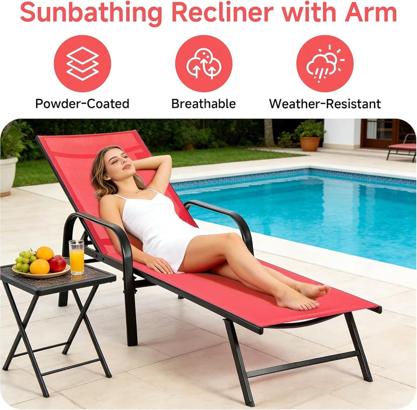 NEWBULIG Outdoor Lounge Chair for Pool, Chaise Lounge Chairs with 5-Position Recliner,350 lbs Heavy Duty Patio Pool Chair, Outdoor Sun Chairs with Metal Frame for Backyard, Classic Red