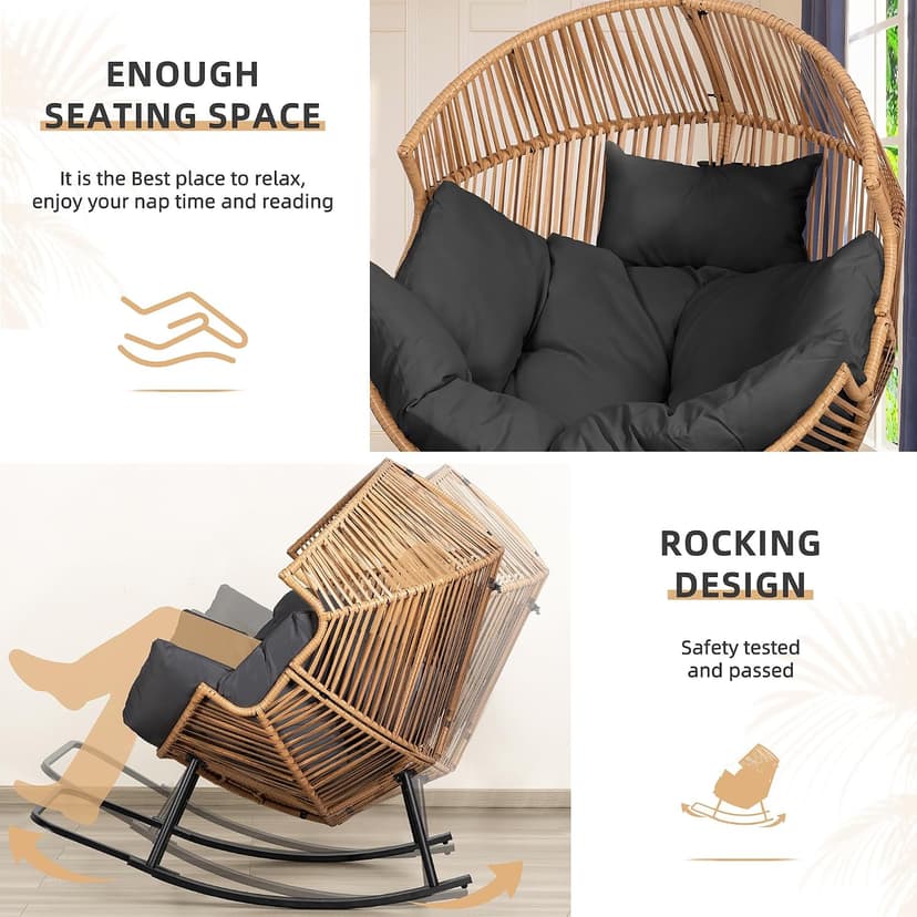 Vongrasig Wicker Egg Chair PE Rattan Rocking Chair with Cushion, Oversized Patio Lounge Rocker Chair for Outdoor, Indoor, Balcony, Backyard, Garden, Black