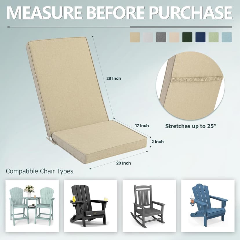 Adirondack Chair Cushions Set of 2 - Removable Covers, Water-Repellent & Fade-Resistant Faux Linen, Securing Straps, Non-Slip Bottom, Fit for Most Outdoor Adirondack & Rocking Chairs - Nature