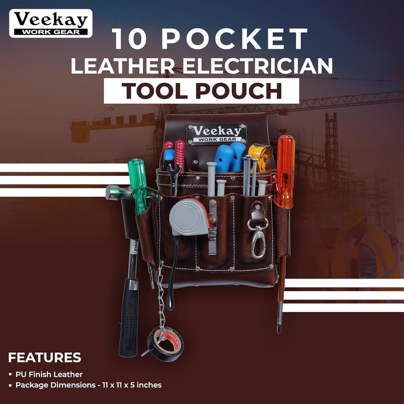 VEEKAY Electrician's Leather Tool Pouch – 10 Pocket Full Grain Leather Organizer for Electricians, Carpenters & Construction Workers – Durable, Heavy-Duty Utility Pouch (Brown/Black)