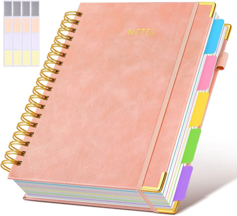 Hardcover Spiral Notebook journal with Removable Dividers Tabs, 300 Pages Leather 5 Subject Notebook College Ruled, 8"x10" Large B5 Notebooks for Work School Note taking, Lined Journal for Women,Pink B0D44Y2NSF