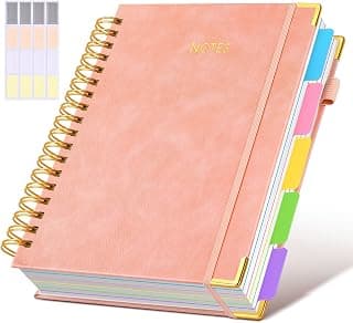 Hardcover Spiral Notebook journal with Removable Dividers Tabs, 300 Pages Leather 5 Subject Notebook College Ruled, 8"x10" Large B5 Notebooks for Work School Note taking, Lined Journal for Women,Pink B0D44Y2NSF