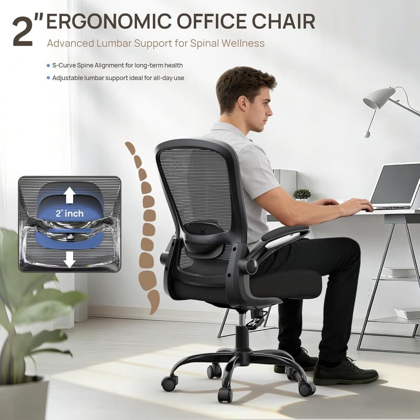 Mimoglad Ergonomic Office Chair - Desk Chair with Flip-up Armrests & 135° Recline, Adjustable Lumbar Support - Space-Saving Task Chair for Business/Team Office & Home (Black, 350lbs)