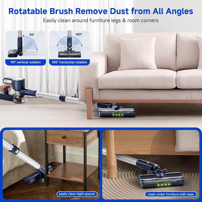 Cordless Vacuum Cleaner, Powerful Suction Vacuum Cleaners for Home, Anti-Tangle Pet Hair Brush, Lightweight, Self-Standing, Green LED Headlight, 6-in-1 Stick Vacuum for Carpet Hardwood Floor-Dark Blue
