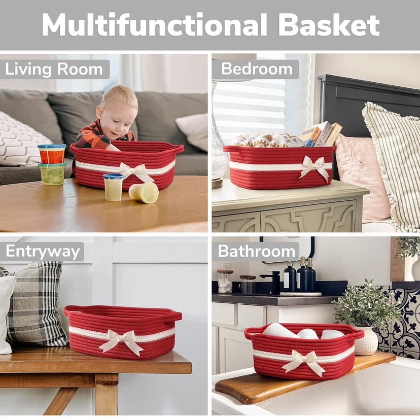 13" x 10" x 5" Storage Baskets for Toys & Baby Essentials, Fits Nursery & Bedroom Organization, Built-In Handles, Bow Design CHICVITA Small Woven Rope Gift Basket, Decorative Burr Basket, Red B0D7MKY1YJ