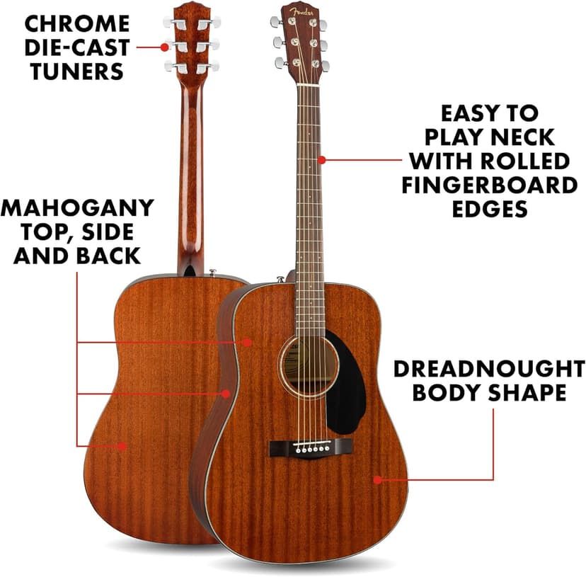 Fender Acoustic Guitar, CD-60S, with 2-Year Warranty, Dreadnought Classic Design with Rounded Walnut Fingerboard, Glossed Finish, All-Mahogany Construction