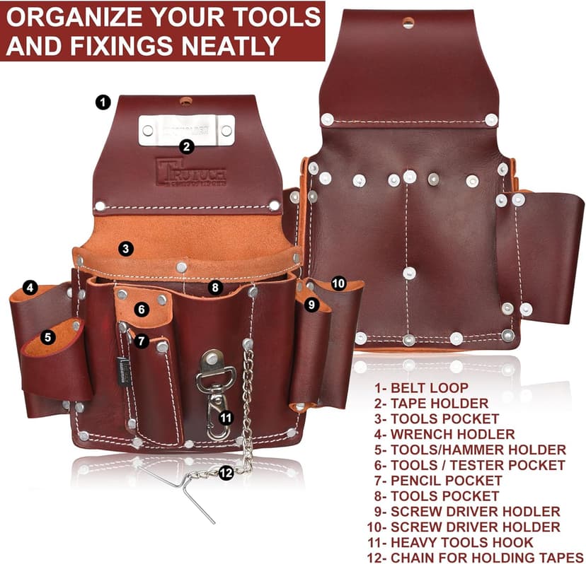 TRUTUCH Grain Leather Electrician Tool Pouch | Carpenter Tool Pouch | Electrician Pouch | Electric Tool Bag | Electrician Bag | Leather Tool Belt