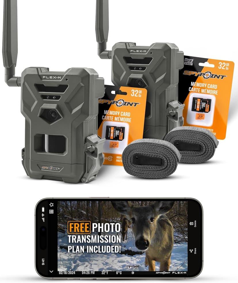 SPYPOINT Flex-M Twin Pack Cellular Trail Cameras - 2 SD Cards Included, Best Hunting Accessories, No WiFi Needed, GPS, Night Vision, IP65 Water-Resistant, 28MP Photos, & 720p Videos + Sound (2)