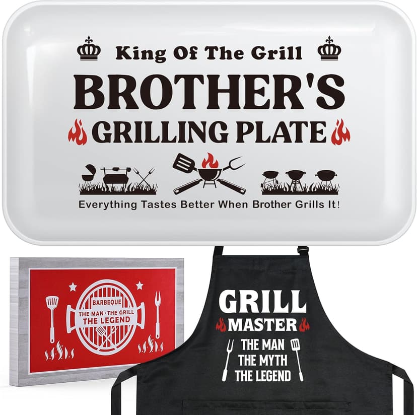 Brother Gifts for Birthday Christmas Valentines Day Fathers Day,Funny BBQ Grilling Platter with Apron Set Gifts for Little Big Adult Brother in Law from Sister