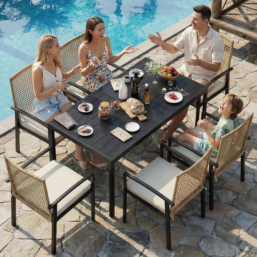 7-Piece Outdoor Dining Set for 6, Patio Dining Set with Hand-Woven Wicker Chairs & Cushions, 60" x 33" x 30" Wider Aluminum Woodgrain Table for Deck, Garden, Backyard