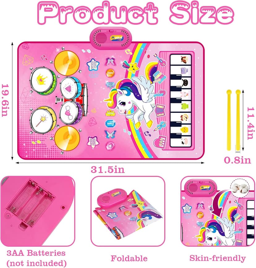 Piano Drum Animal Touch Unicorn Toy - Infant Musical Toy 12-18 Months Babies Birthday Easter Gifts for 1 2 3 Year Old Girls Toys for 1 Year Old Girl Gifts: 3 in 1 Baby Music Mat Toddler Toys Age 1-2 B0DBXXVQP3