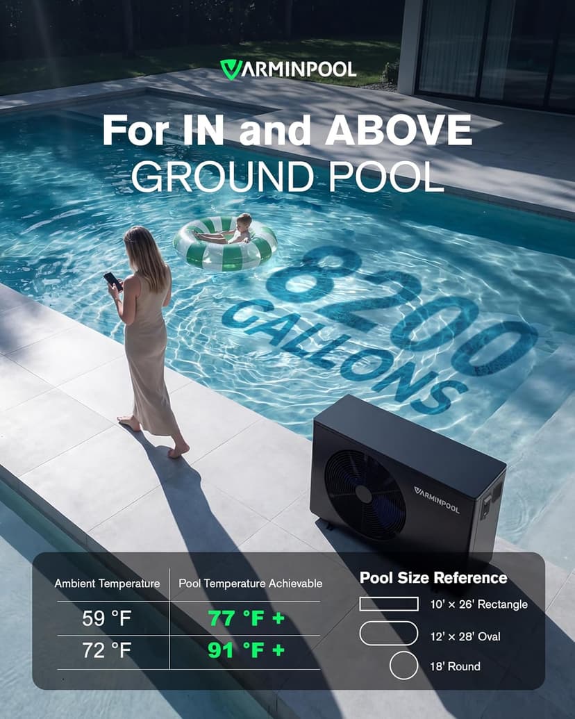 Electric Pool Heat Pump, 30,000 BTU Pool Heater, 8000 Gallons, WiFi Control, Titanium Heat Exchanger, Smart Inverter, for Above Ground and Inground Pools, 120V