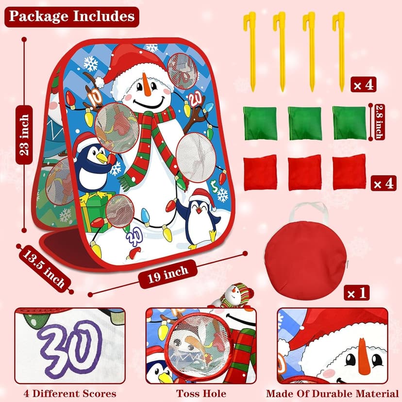 Christmas Party Games for Kids Adults, Bean Bag Toss Game Toys Double-Sided Foldable Cornhole Board with 8 Score Hole Christmas Theme Family Party Supplies Gifts for Carnival Yard Indoor Outdoor
