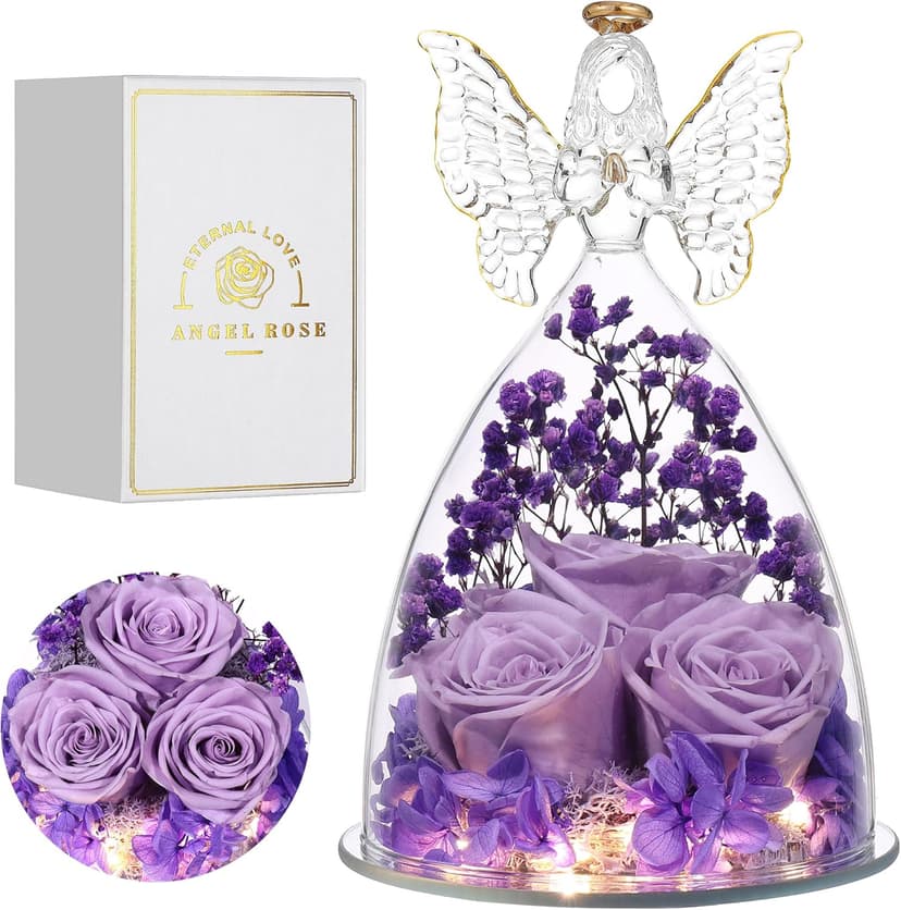 Mothers Day Mom Gifts for Women Preserved Flowers in Glass Angel Forever Flowers Gifts Eternal Roses Gifts for Grandma, Light Purple