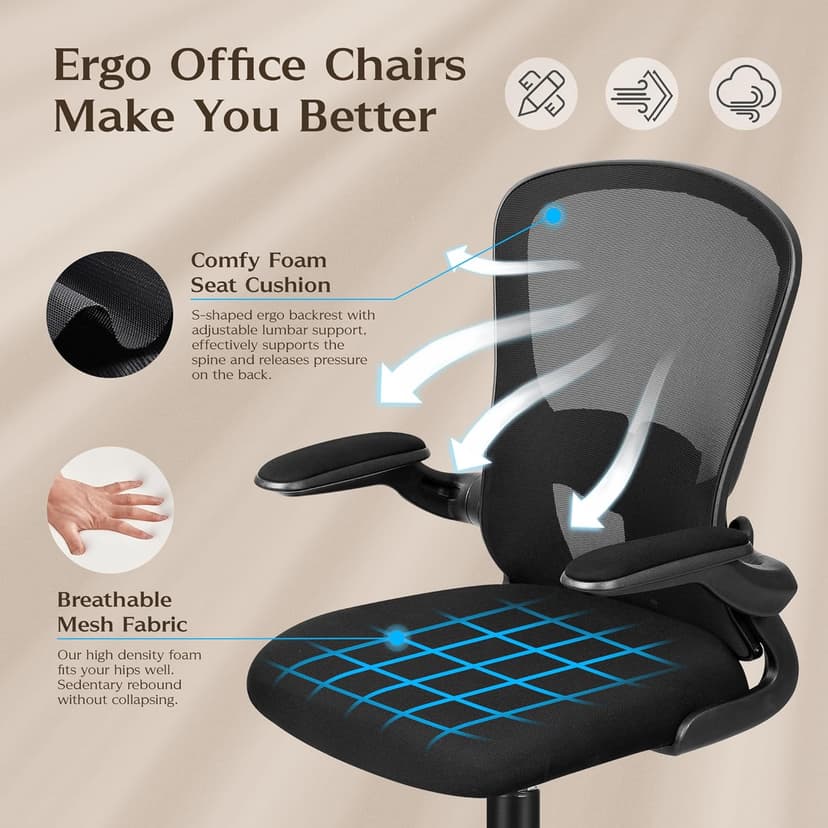 FelixKing Office Desk Chairs, Ergonomic PC Desk Chair with Wheels, Adjustable Lumbar Support and Height, Swivel Computer Chair with Flip-up Armrests, Ergo Mesh Backrest for Working (Black)